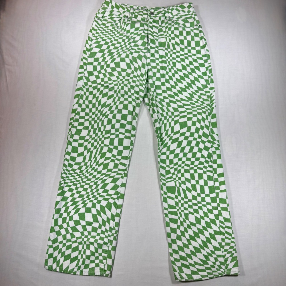 SONG Green White Checkerboard Wavy Print 90s Boyfriend Jeans Women Size 11/30